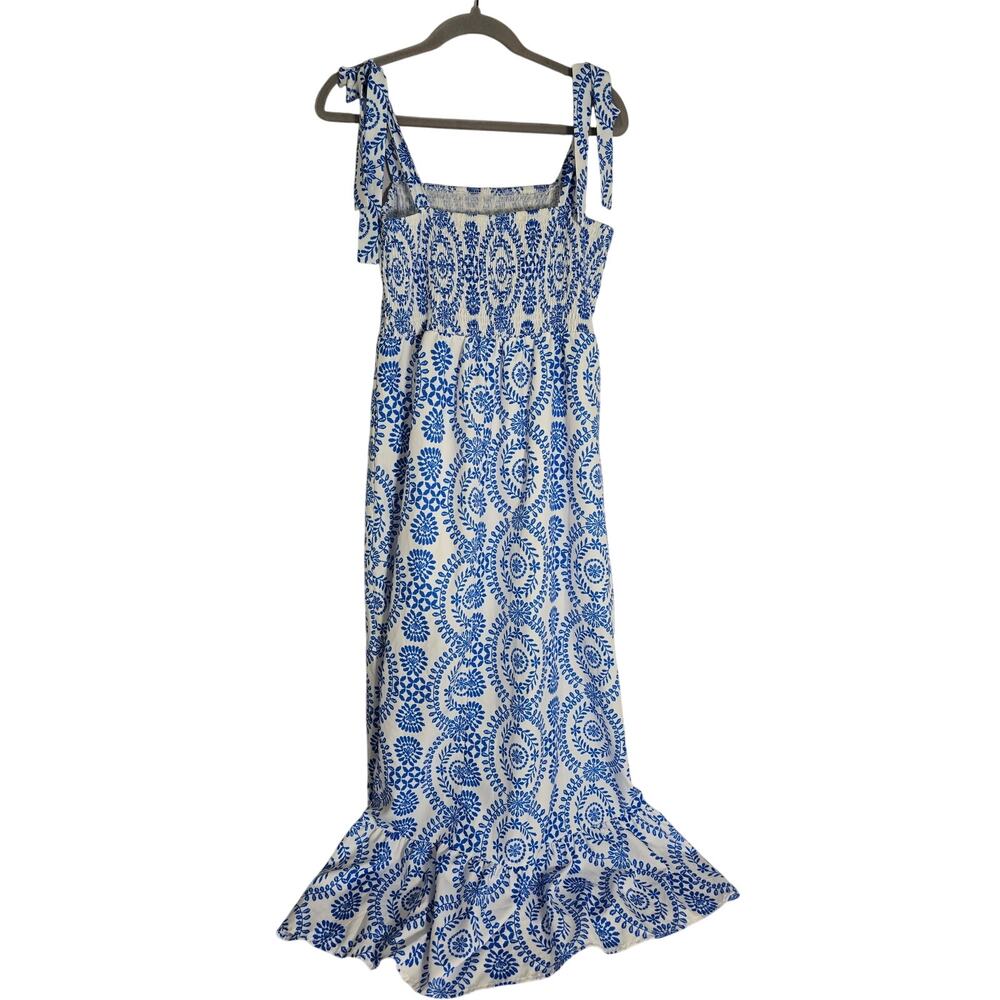 SHEIN Women XL Blue White Tie Maxi Dress Smocked Summer Coastal Lightweight